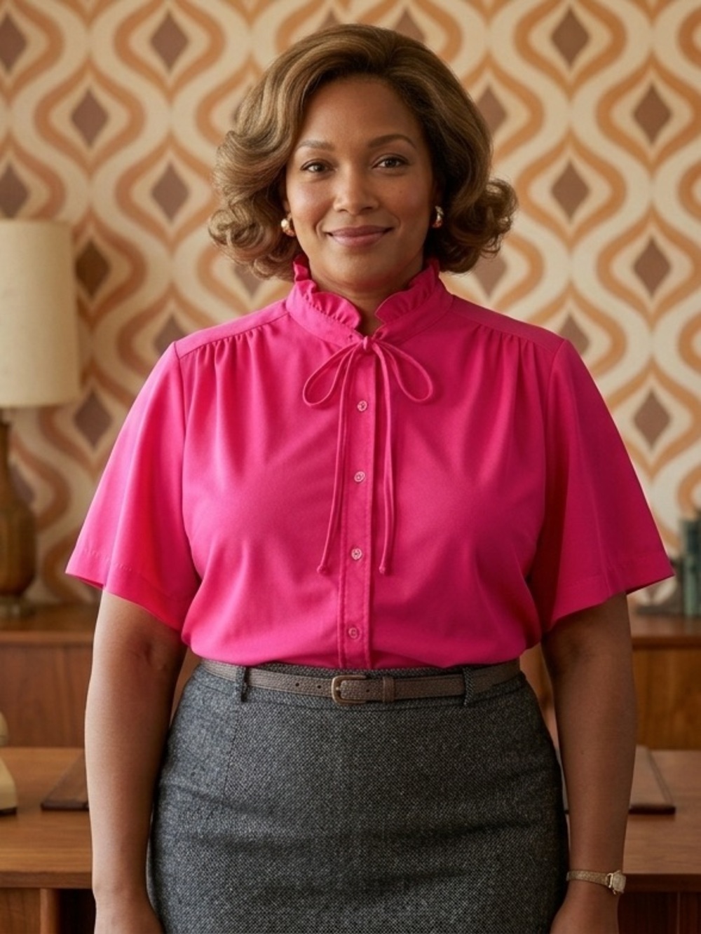 Vintage Alicia Hot Pink Ruffle Mock Neck Blouse 1970s Secretary Pussybow Top 42